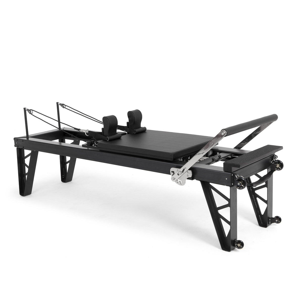 Elina Pilates HL 4 aluminium reformer with a black anodised frame and the tallest legs in the HL line