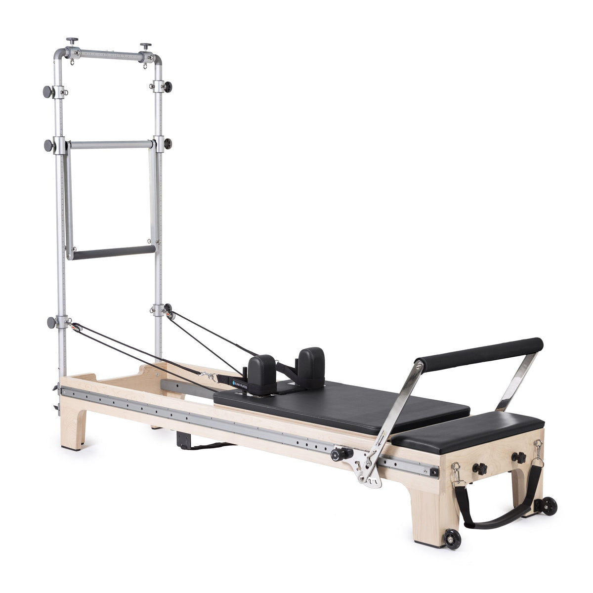 Elina Pilates Master Instructor Reformer with Tower in black upholstery, angled studio view