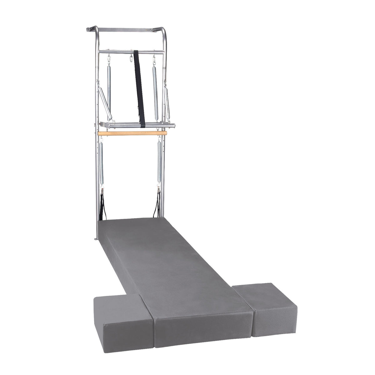Elina Pilates Wall Unit with a removable stainless steel tower, padded mat bed and two matching boxes