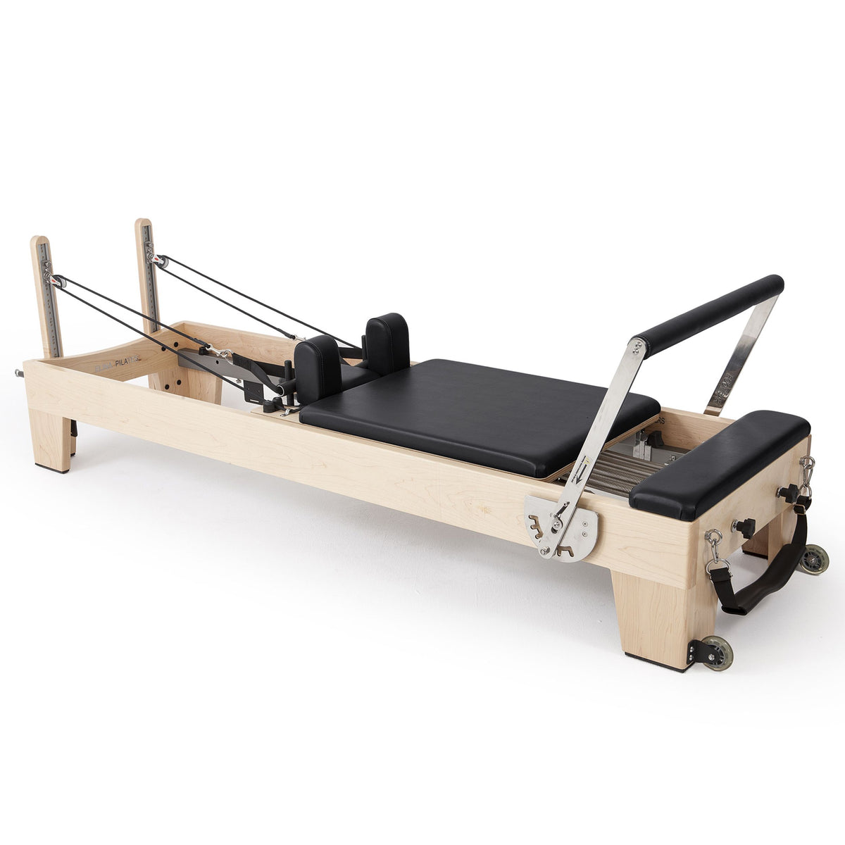 Elina Pilates Elite Wood Reformer Bundle, a stackable maple studio reformer with a 7-position quick-change footbar