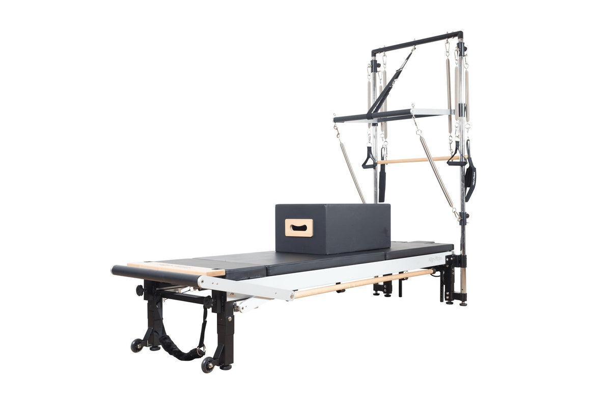 Align Pilates C8-Pro with Half Cadillac, three quarter view on a white background with a sitting box on the carriage