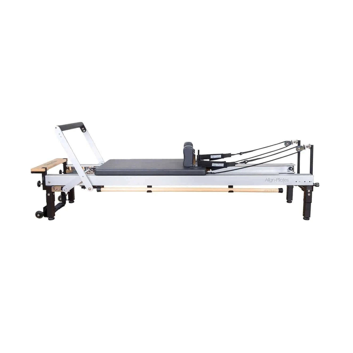 Align Pilates C8-Pro Reformer, three quarter view on raised legs