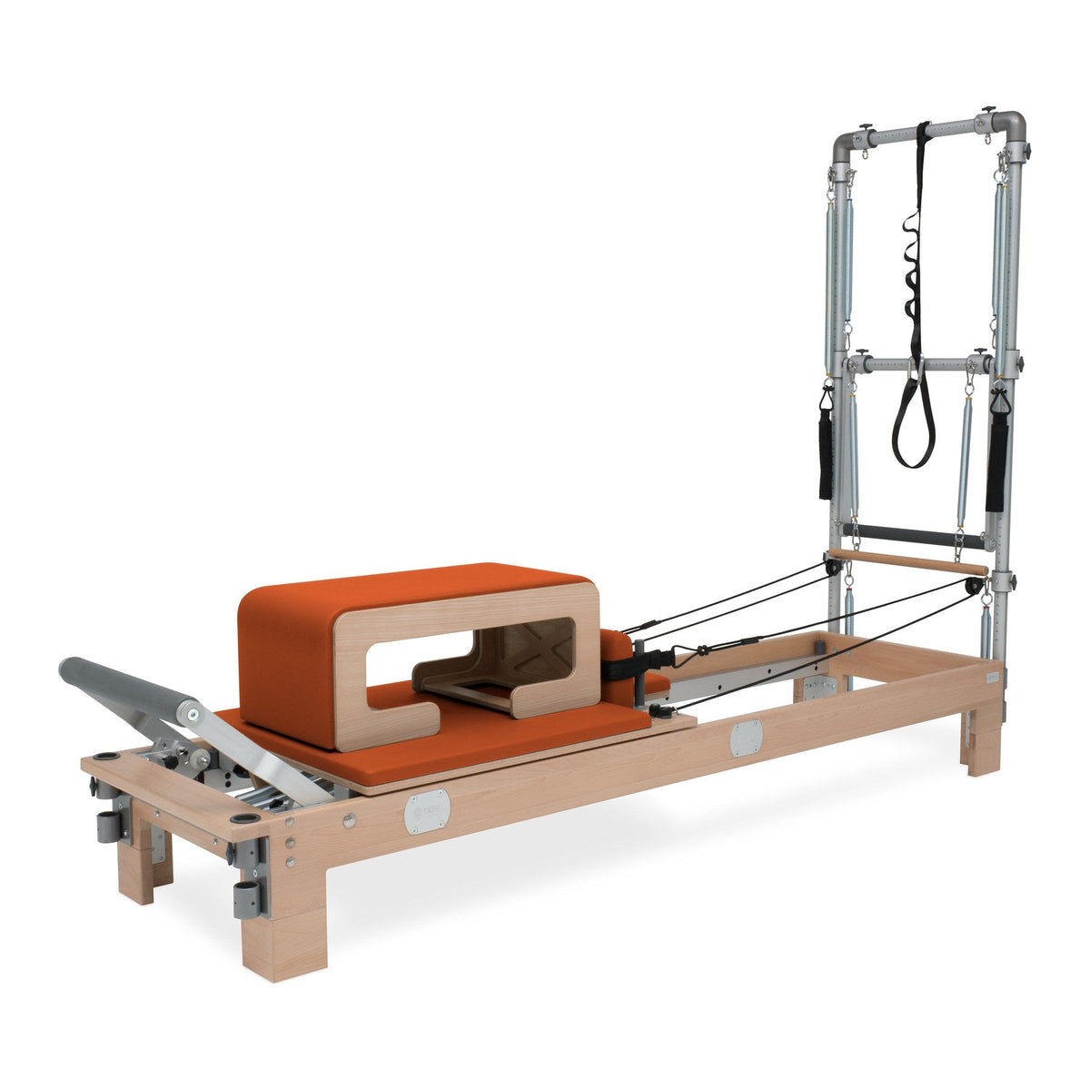 BASI Systems Reformer with Tower upholstered in Campfire Orange, the whole apparatus shown against a plain background, second view