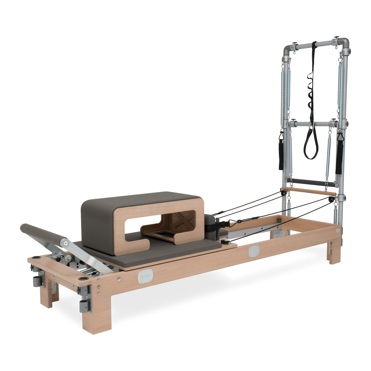 BASI Systems Reformer with Tower upholstered in Dark Cool Sand, the whole apparatus shown against a plain background, second view