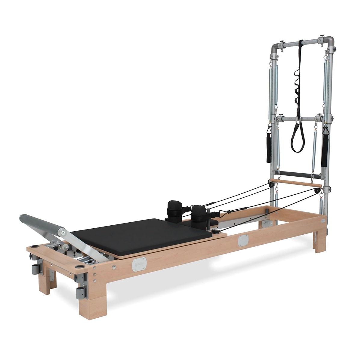 BASI Systems Reformer with Tower upholstered in Moonless Night Black, the whole apparatus shown against a plain background