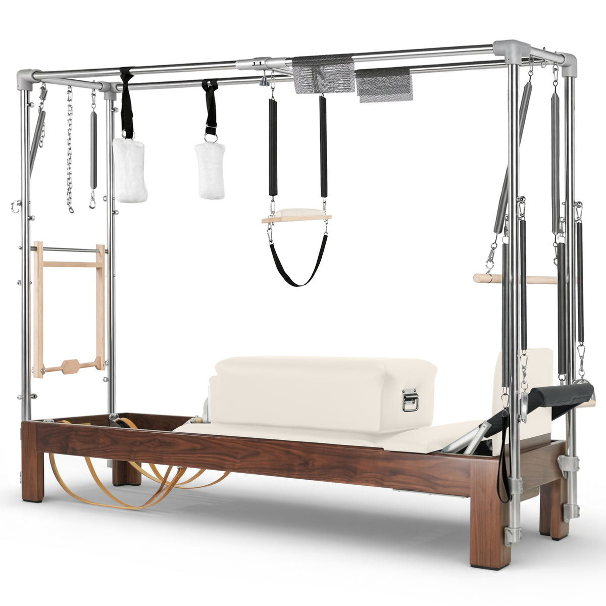 Elina Pilates Dark Wood Cadillac Reformer in ivory made-to-order upholstery