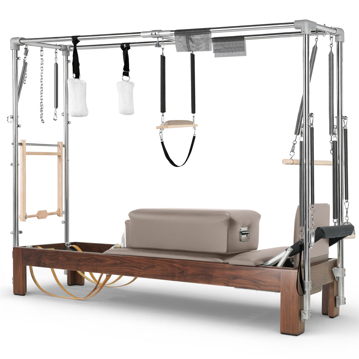 Elina Pilates Dark Wood Cadillac Reformer in taupe moka made-to-order upholstery