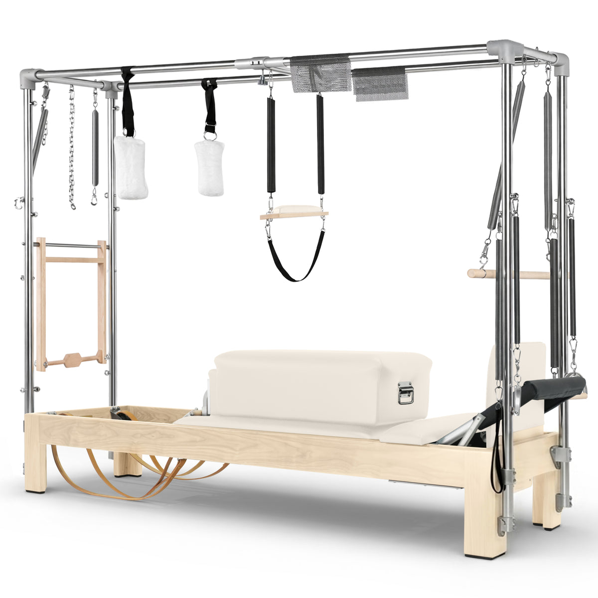Elina Pilates Natural Wood Cadillac Reformer in ivory made-to-order upholstery