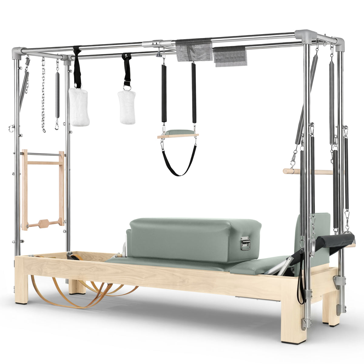 Elina Pilates Natural Wood Cadillac Reformer in sage made-to-order upholstery