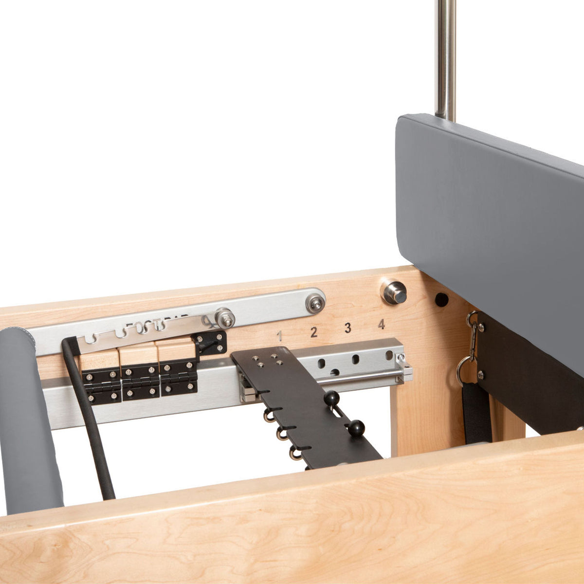 Elina Pilates Cadillac Reformer foot bar positioning rail and gear system, grey
