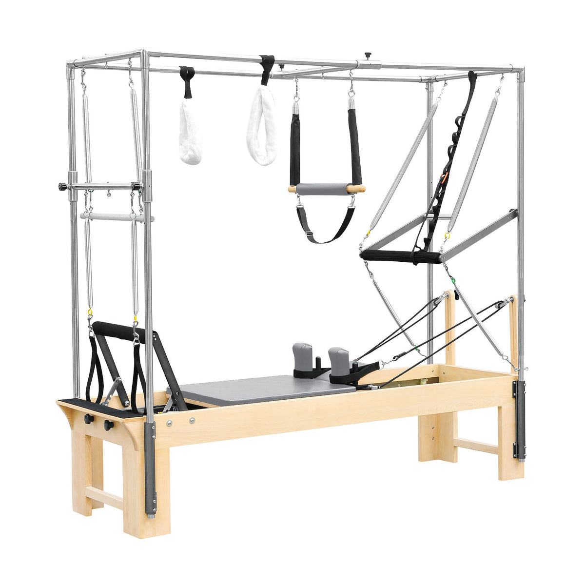 Elina Pilates Cadillac Reformer in grey, angled studio view
