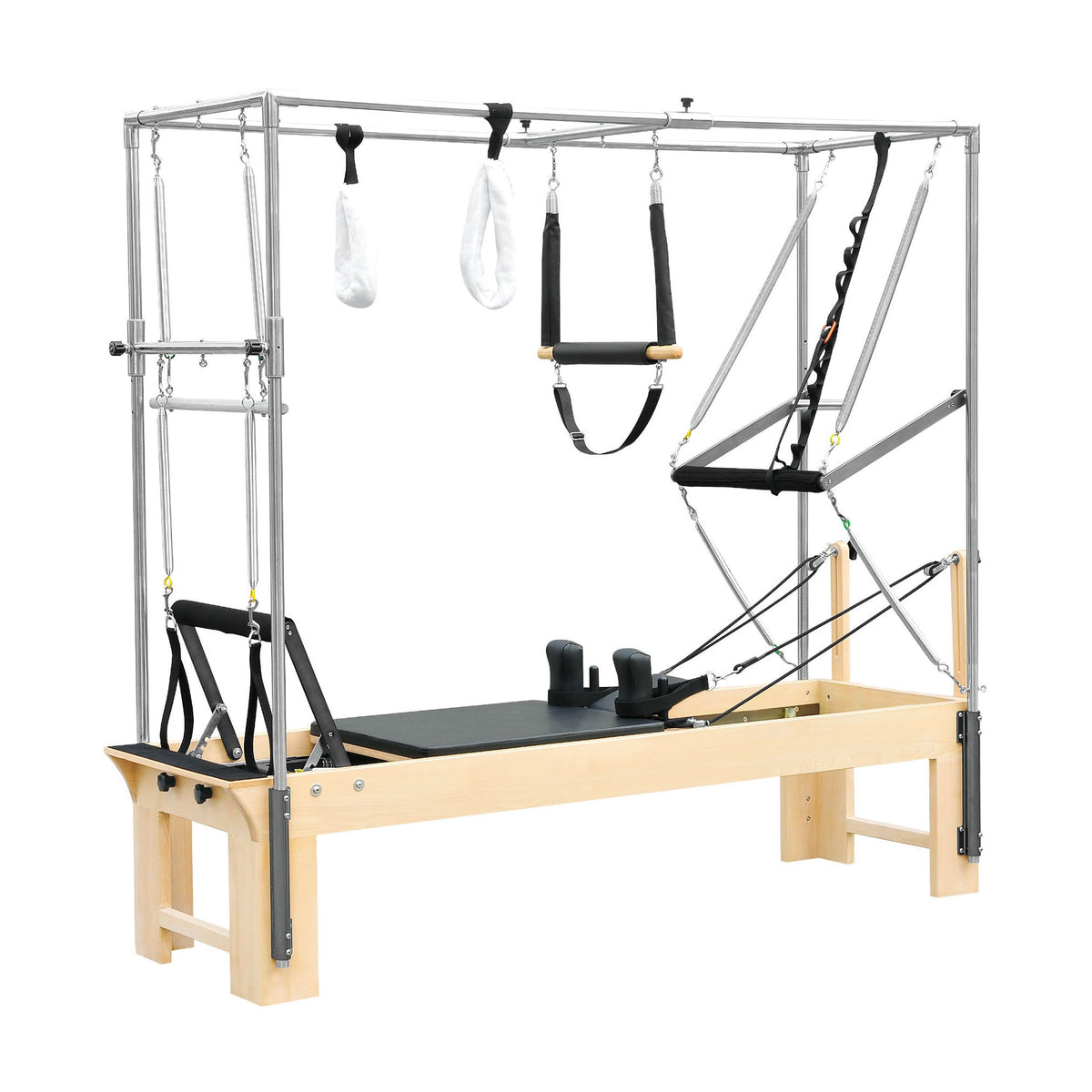 Elina Pilates Cadillac Reformer in black, full trapeze frame, angled studio view