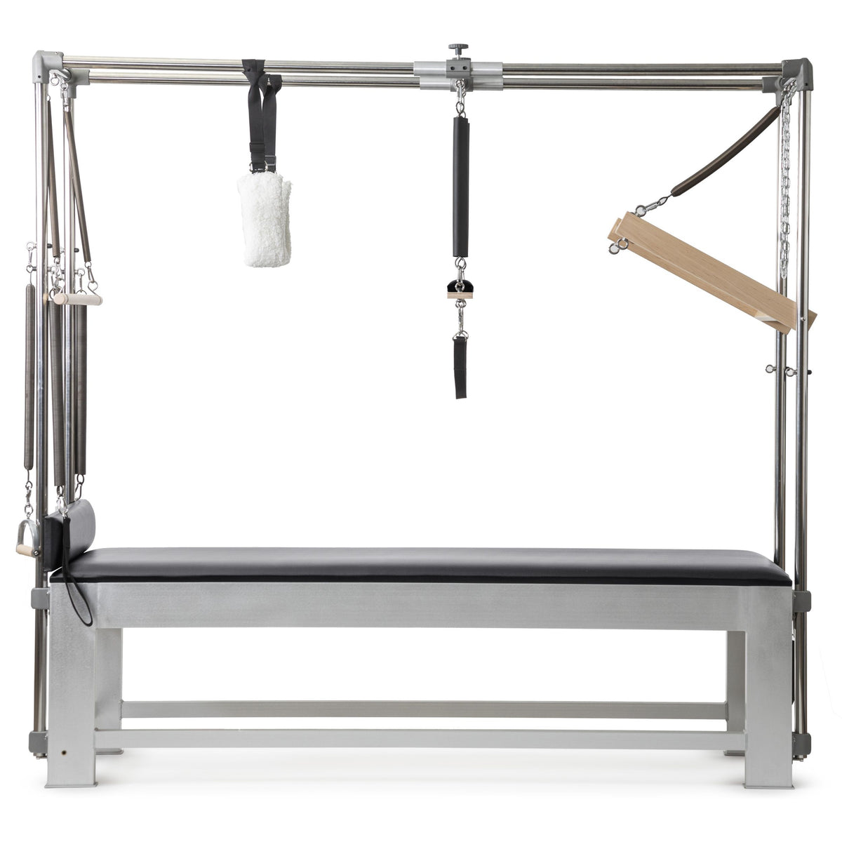 Elina Pilates Classic Aluminium Cadillac in black, front view with push-through bar and trapeze