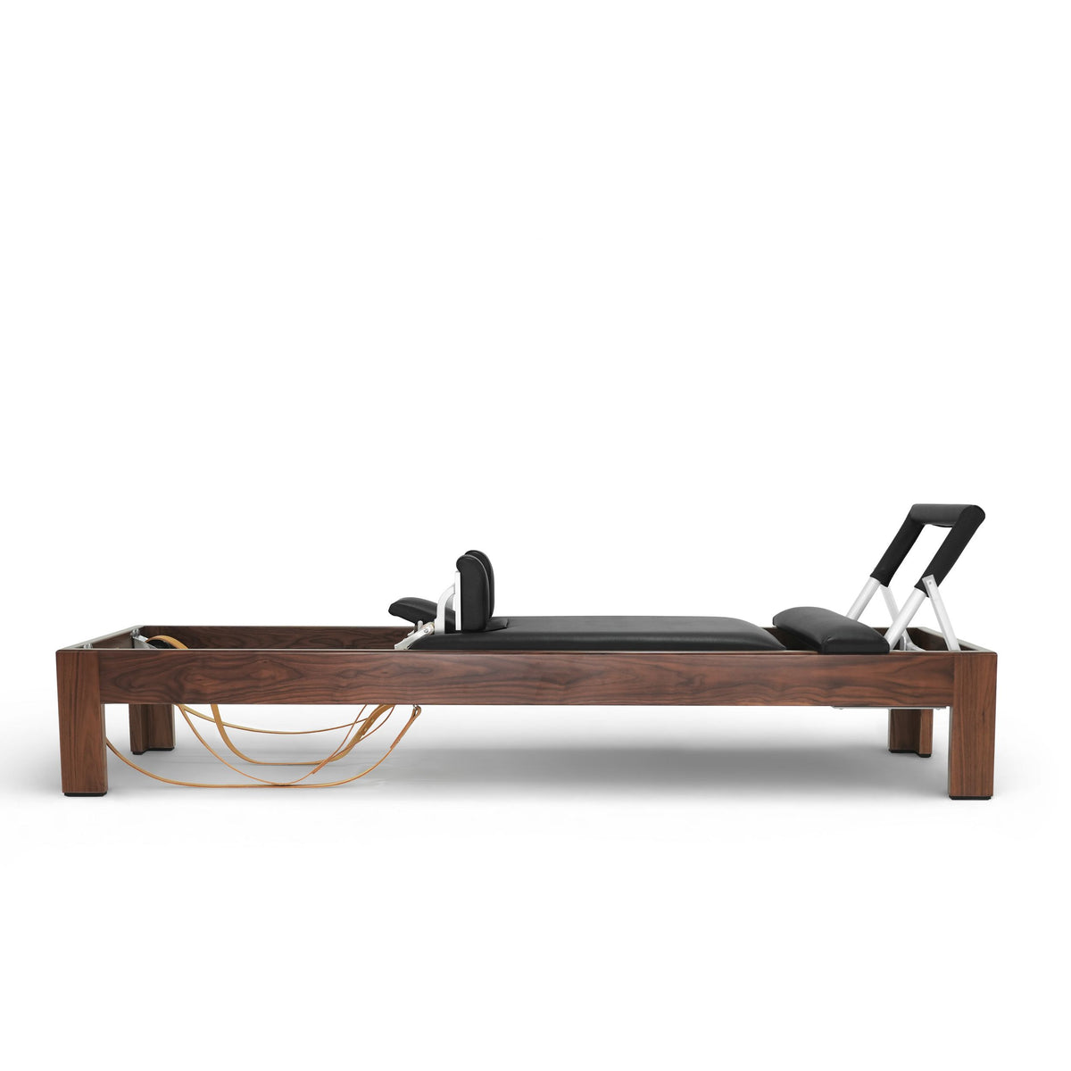 Classic Dark Wood Reformer side view, black upholstery, walnut frame