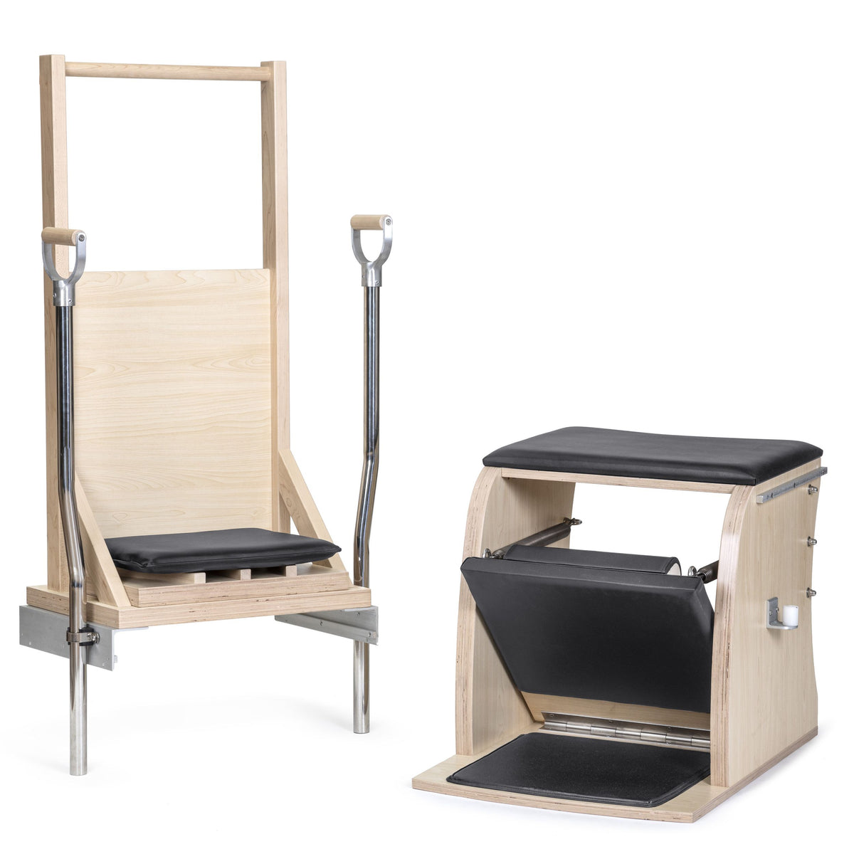 Elina Pilates Classic Combo Chair with Back in black, both configurations shown side by side