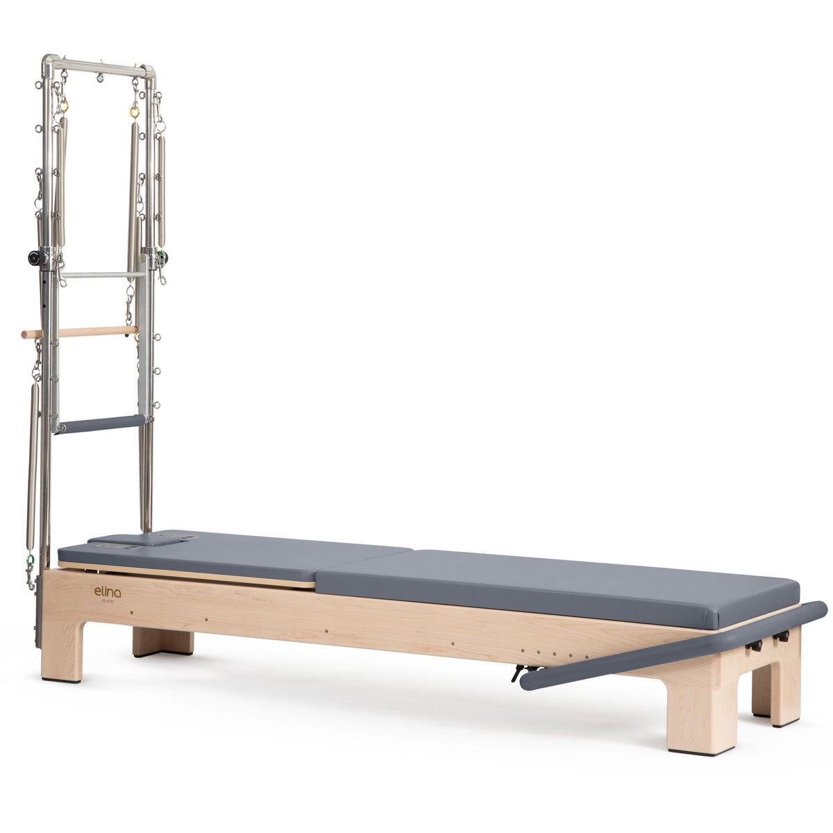 Elina Pilates Elite Advanced Reformer with Tower in grey, angled studio view