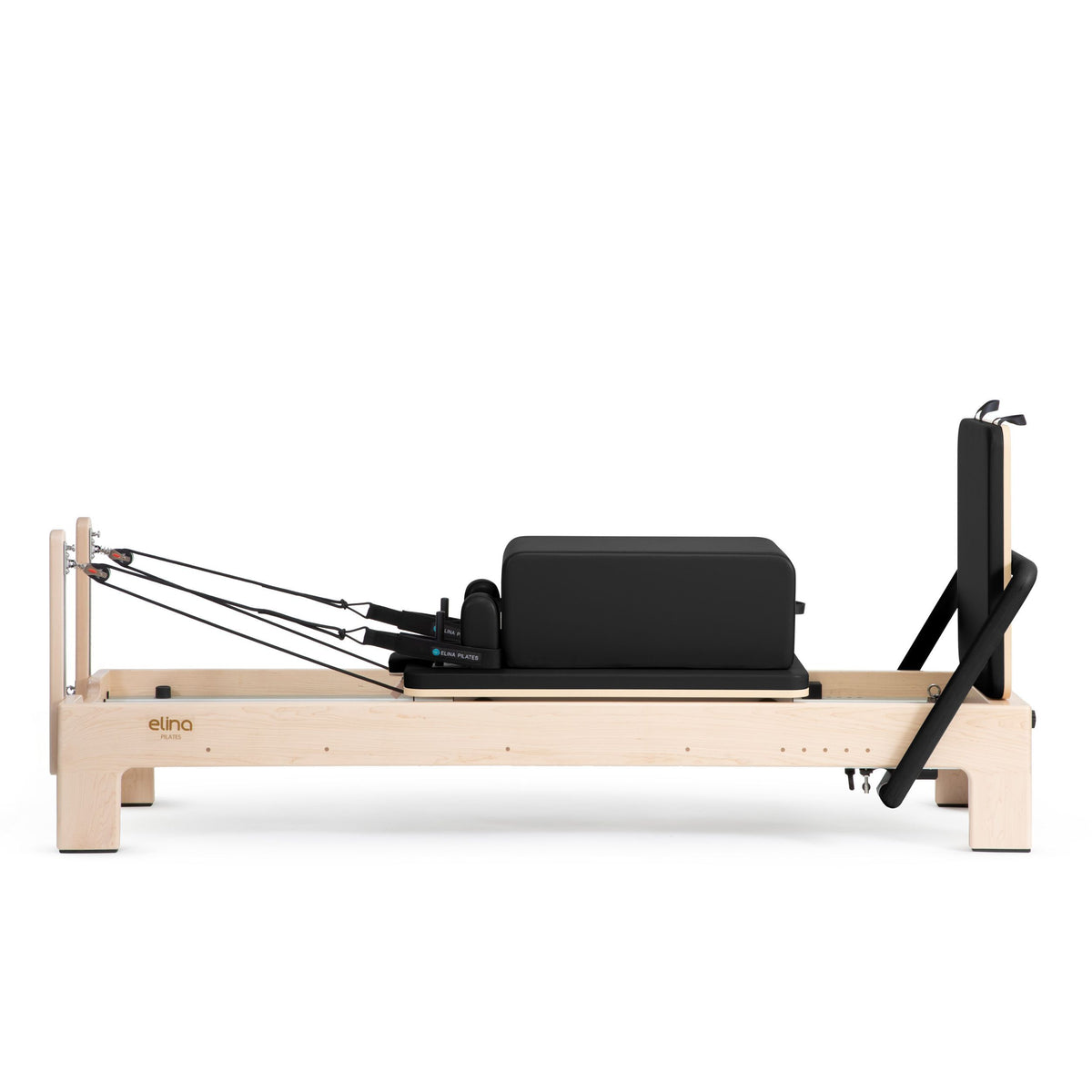 Elite Advanced Reformer with sitting box and jump board raised, black