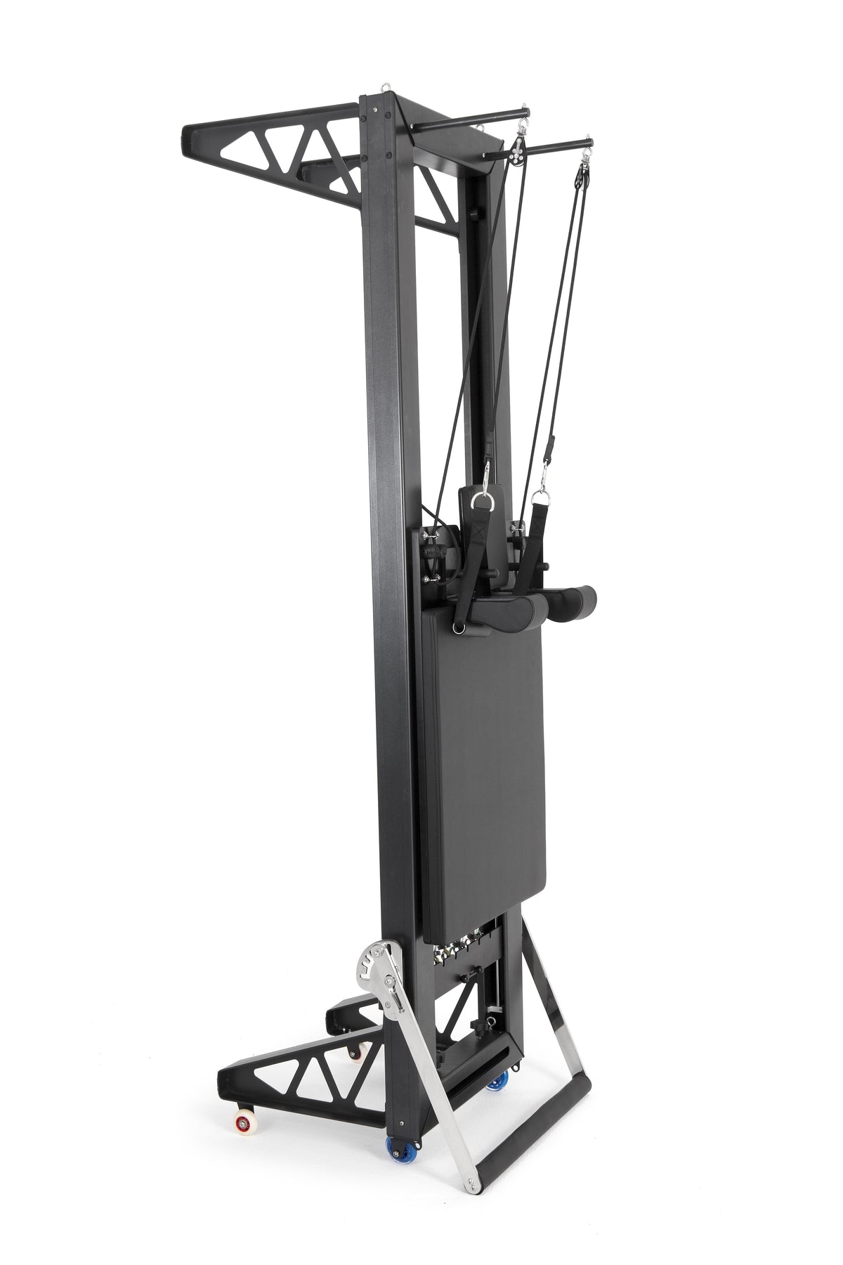 Elina Pilates HL aluminium reformer with tower stood upright on its transport stand
