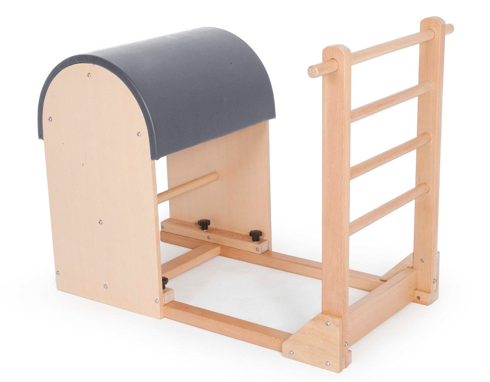 Elina Pilates Ladder Barrel with wooden base in grey, wider alternate camera angle
