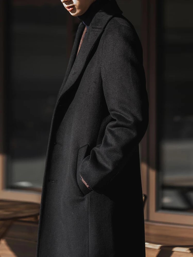 Side view of the Ashford overcoat showing its long length
