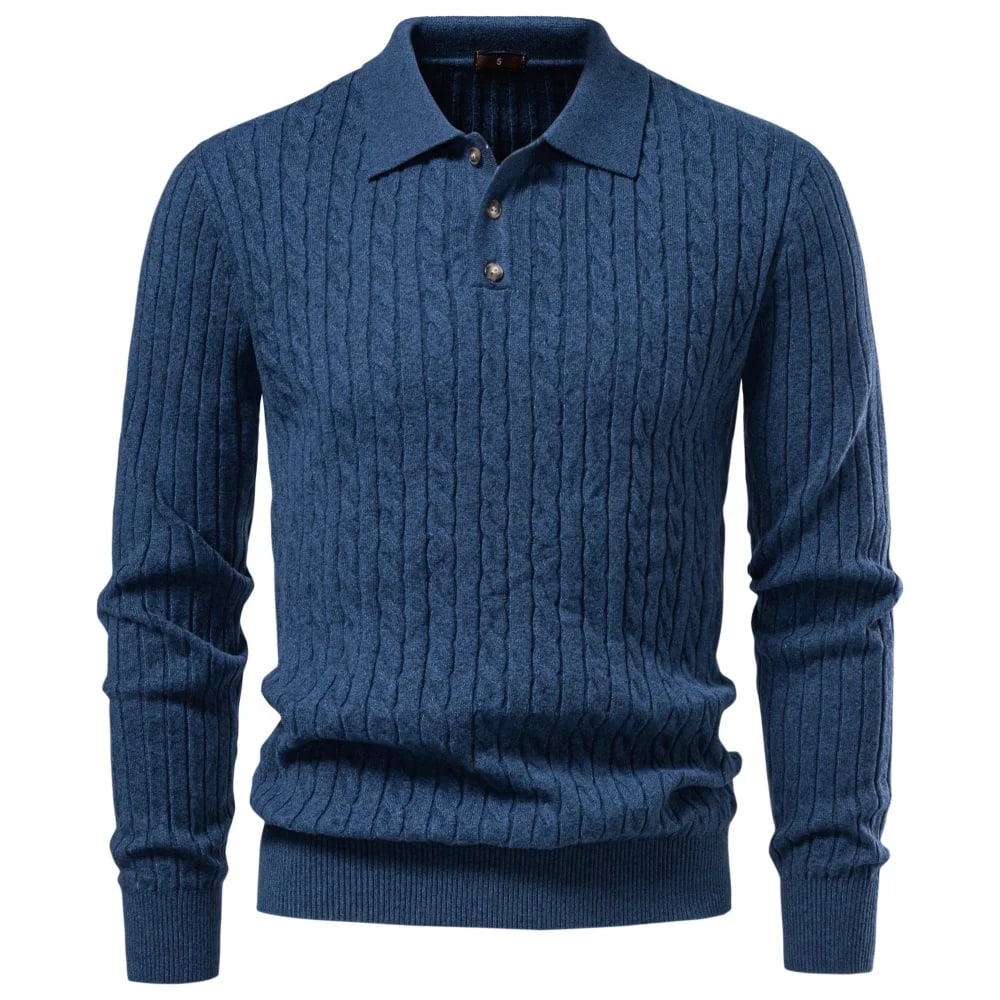 Calder polo sweater in blue laid flat