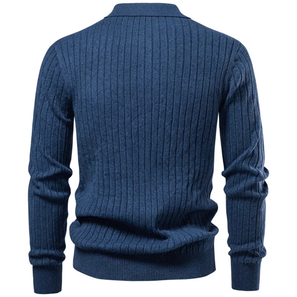 Back of the Calder polo sweater in blue