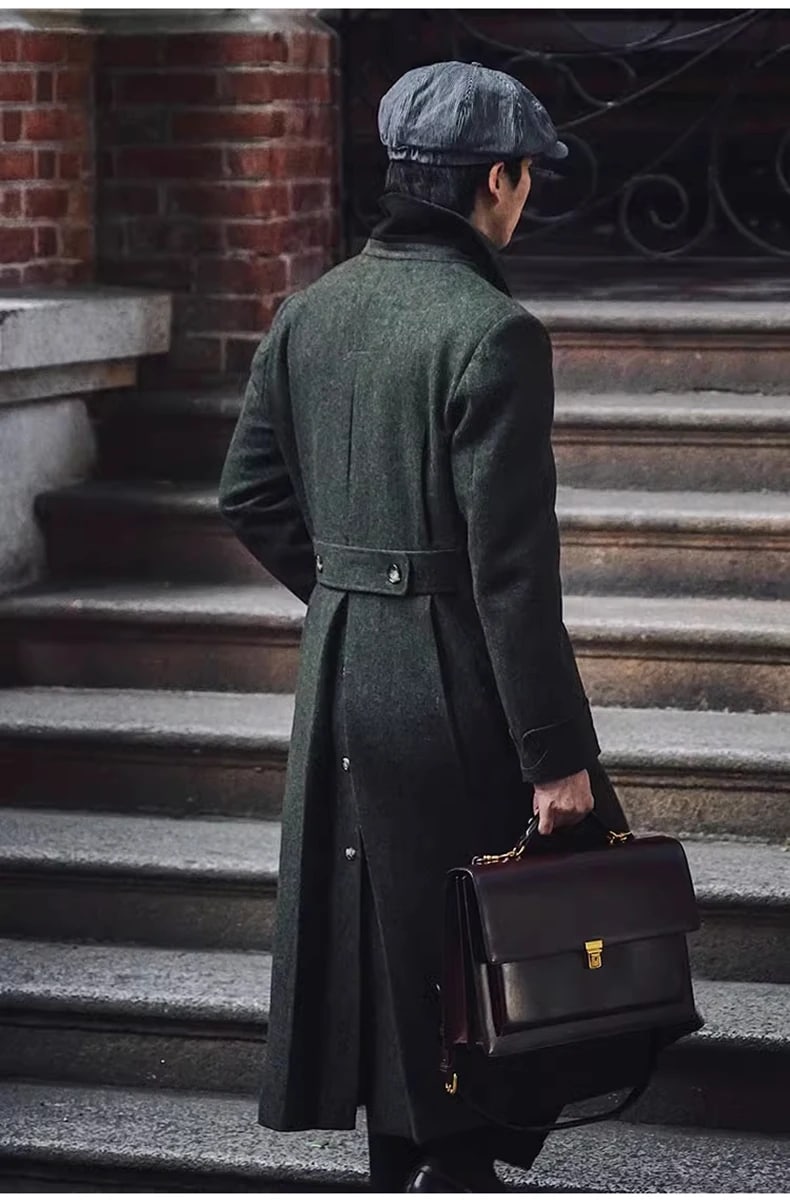 Back of the Hartley polo coat in olive showing the half belt