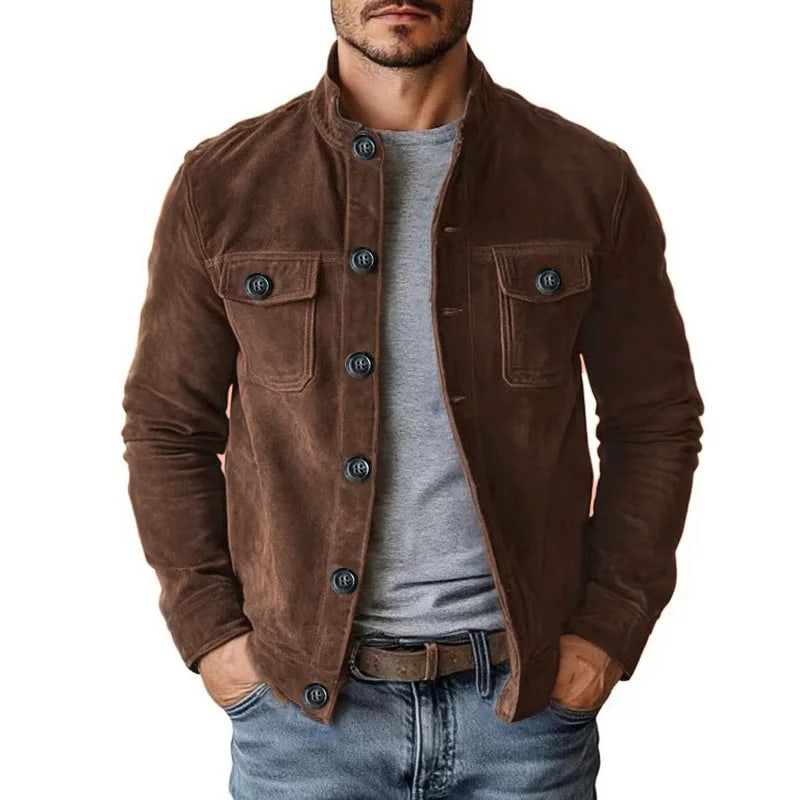 Marlow faux suede jacket in brown, buttoned over a grey T-shirt