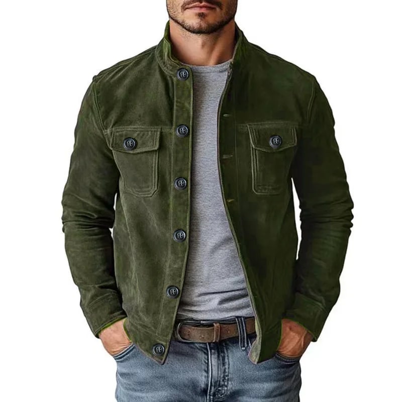 Marlow faux suede jacket in olive worn open