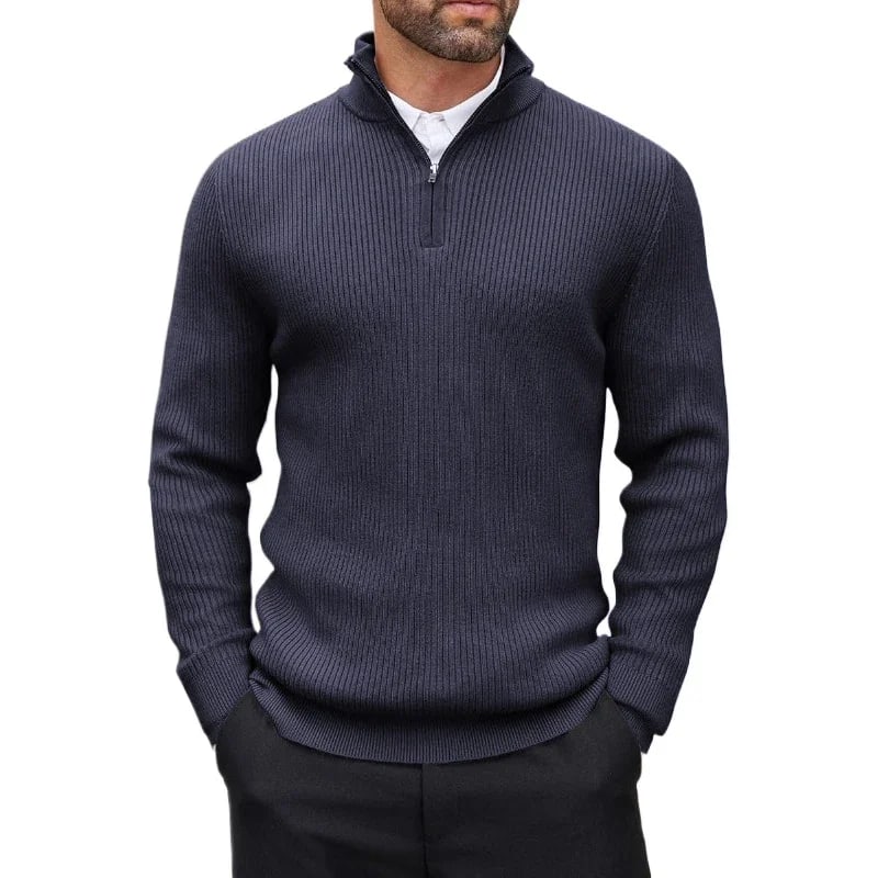 Man wearing the Rowan quarter-zip sweater in navy