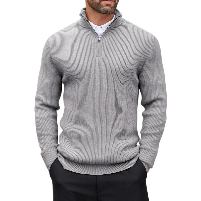 Rowan quarter-zip sweater in light gray with the zip half open
