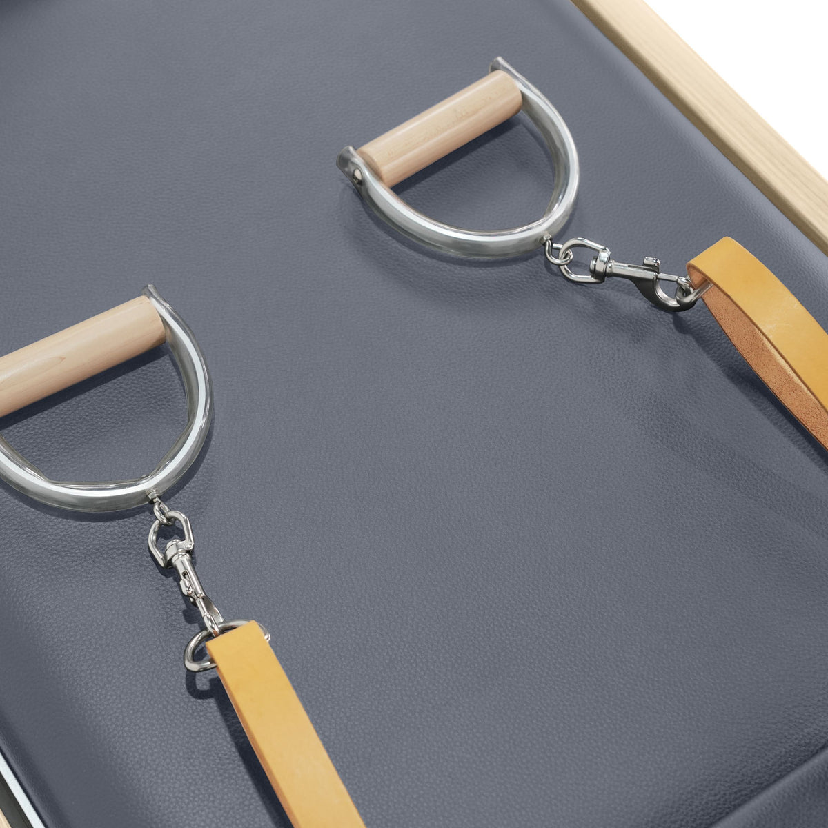 Elina Pilates Natural Wood Cadillac Reformer D-ring handles with wooden grips and leather straps, grey
