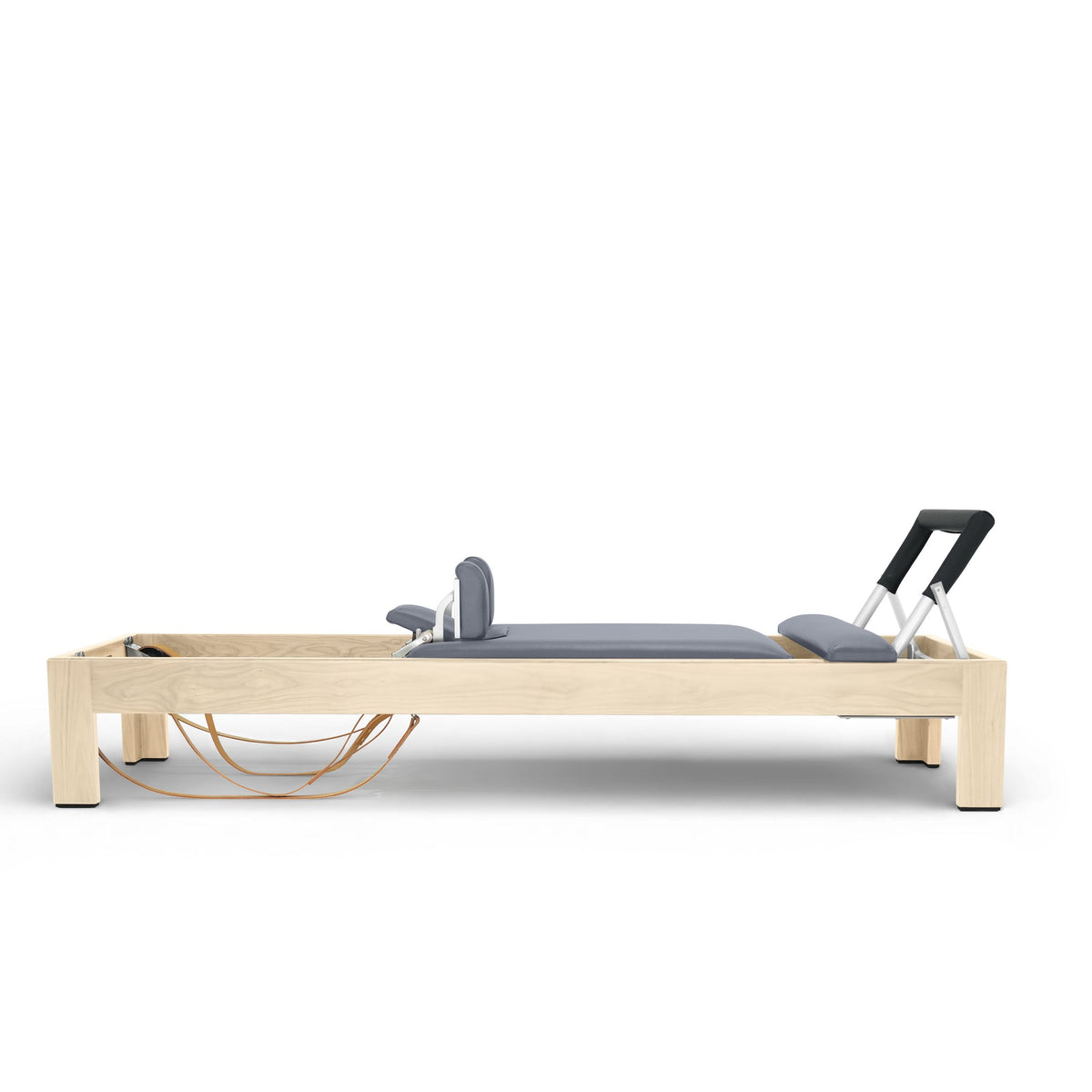 Classic Natural Wood Reformer side view, grey, leather straps under the frame