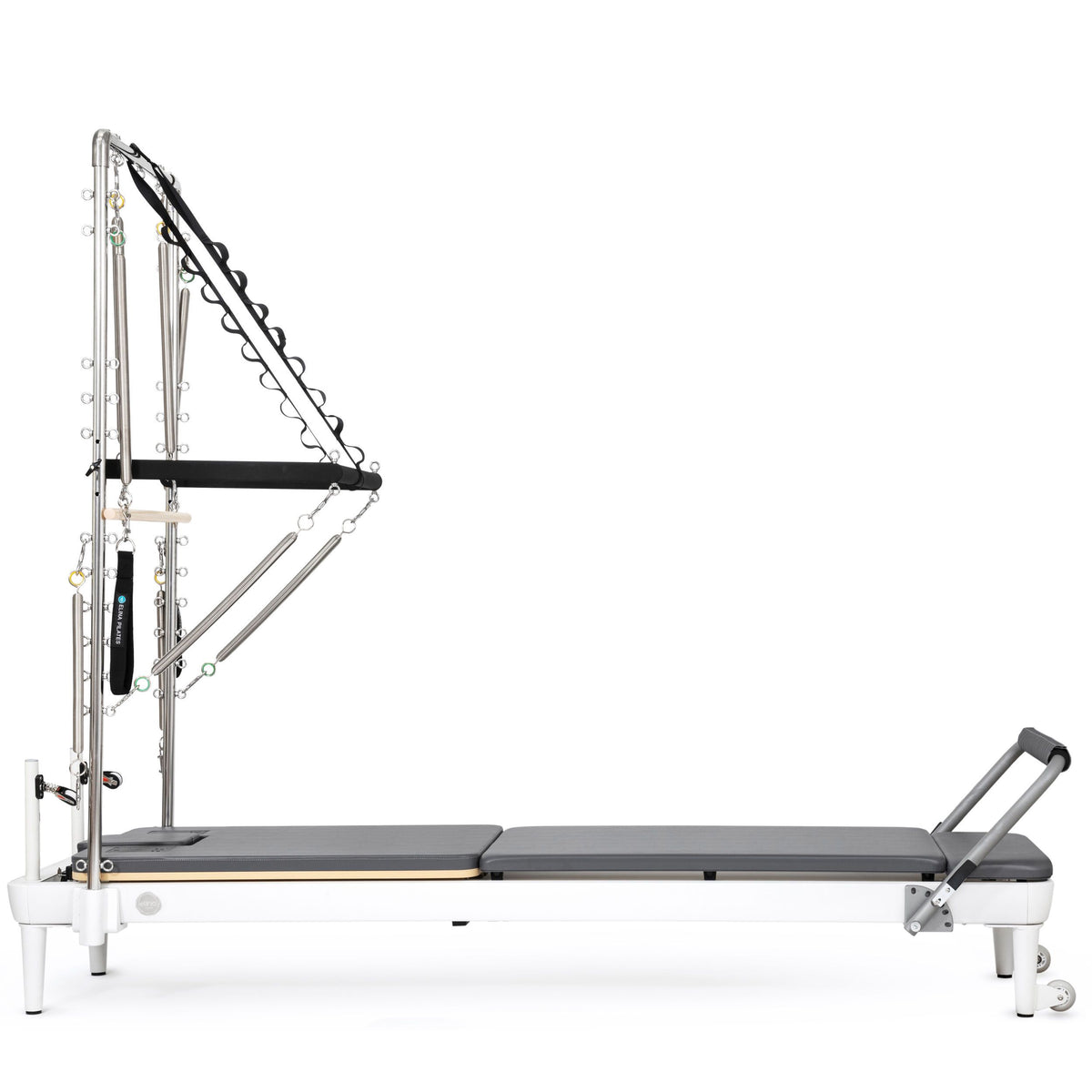 Nubium Reformer with Tower side view, grey upholstery