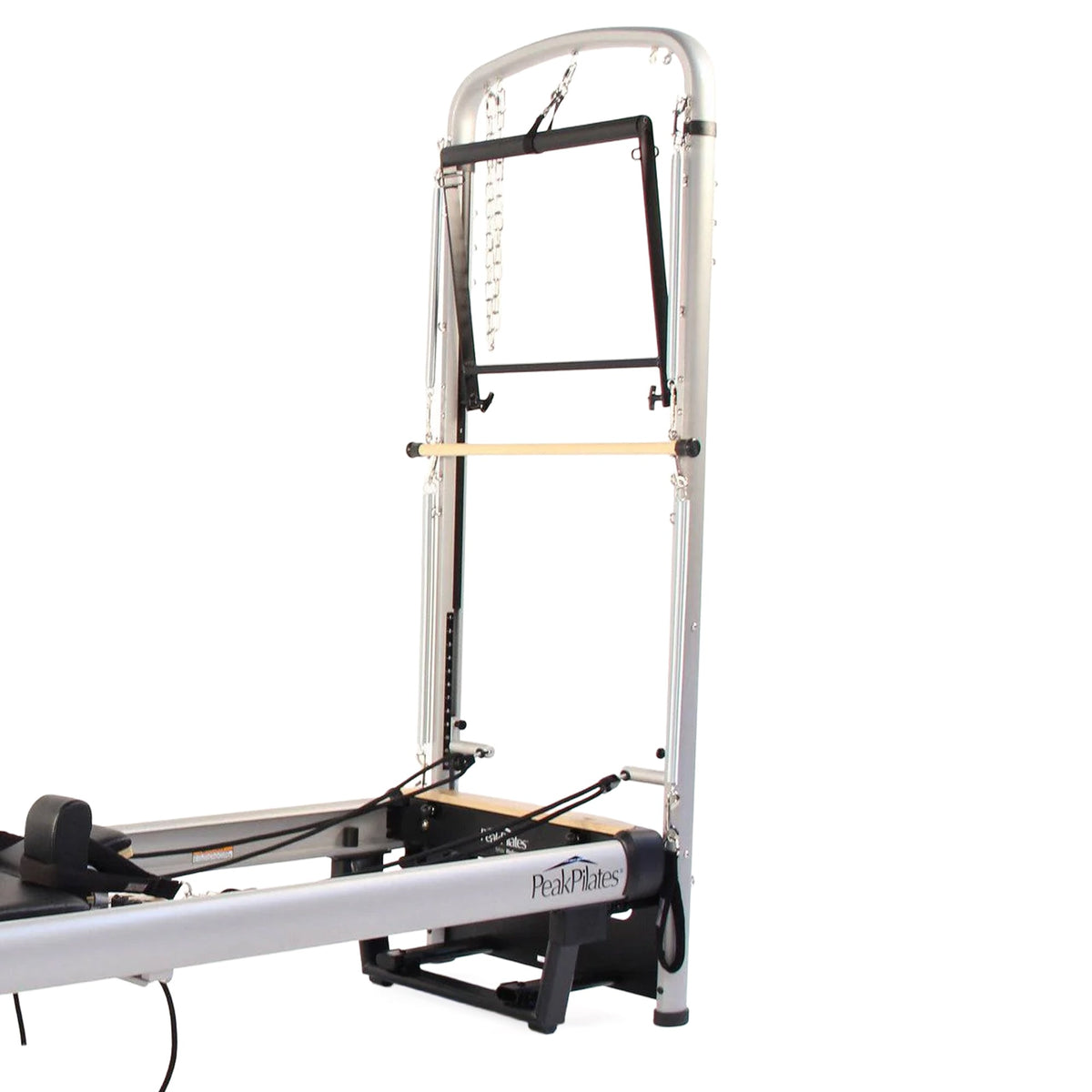 Peak Pilates MVe Reformer Tower Conversion fitted to an MVe Reformer, tower upright in side view