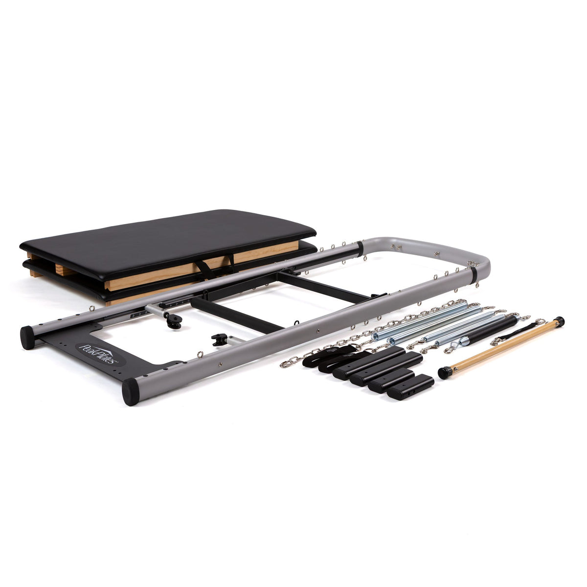 Peak Pilates MVe Reformer Tower Conversion kit contents, second angle showing the frame, mats and spring set