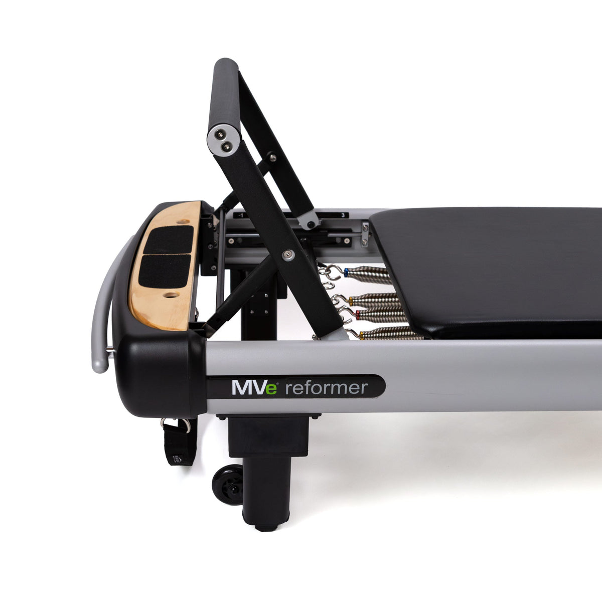 Peak Pilates MVe Reformer with Long/Short Box, four-position contoured footbar detail