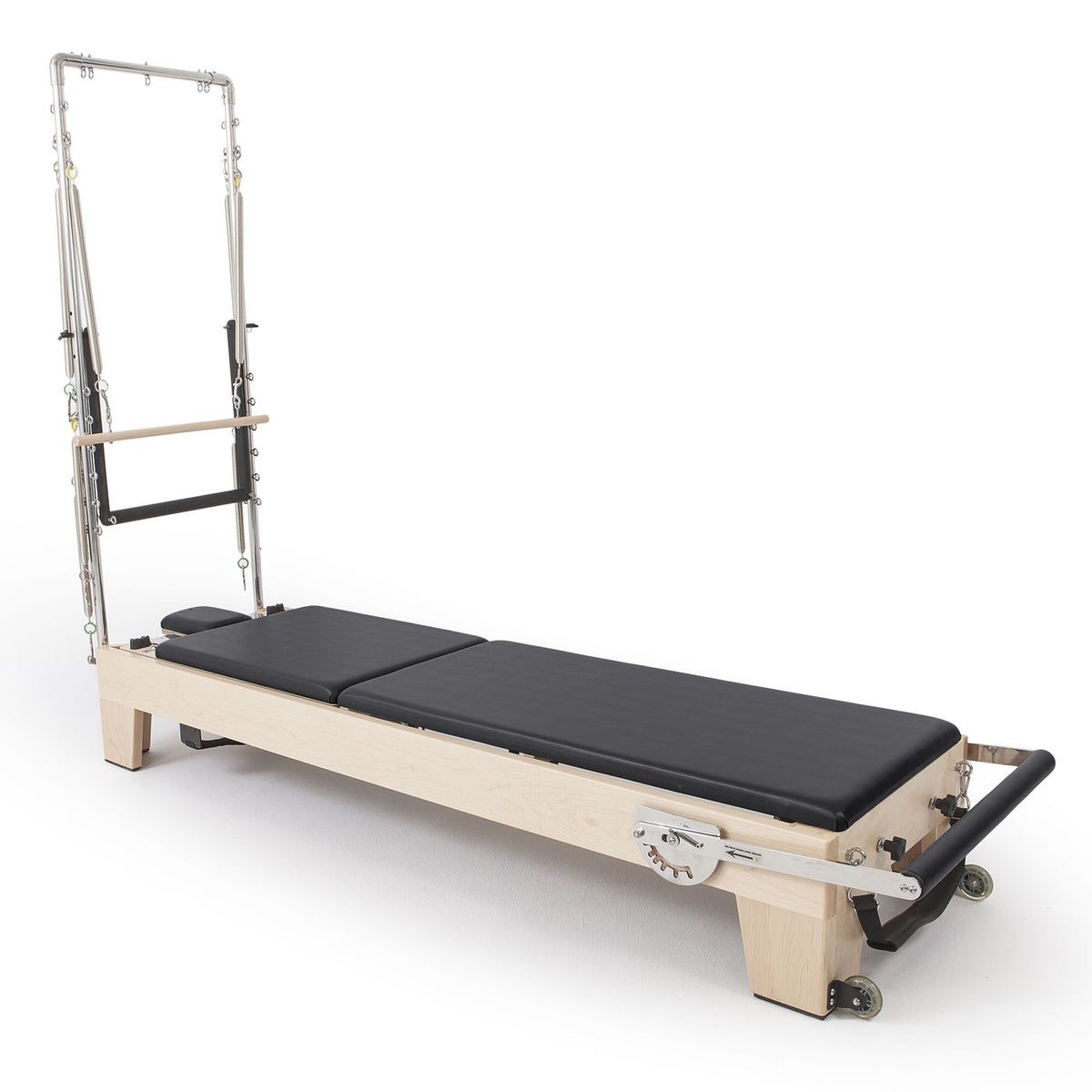 Elite Wood Reformer with Tower in black, opposite angle