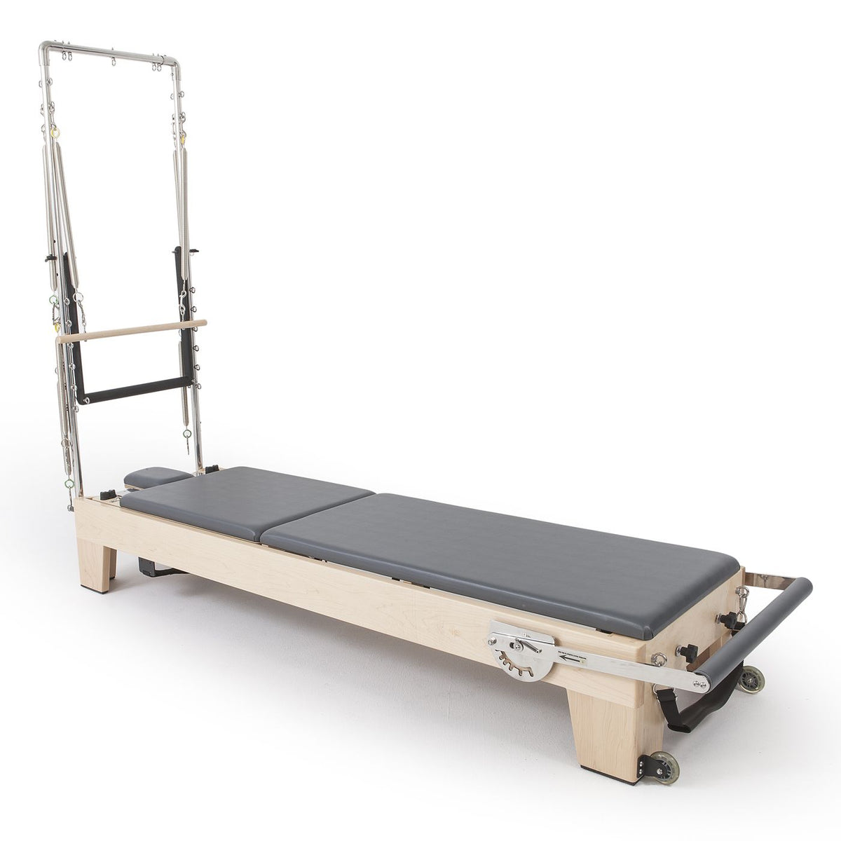 Elite Wood Reformer with Tower in black, side view