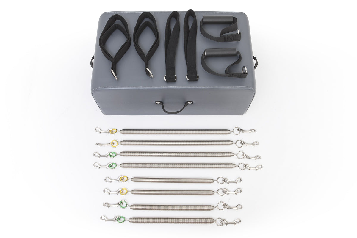 Elite Wood Reformer included kit: grey sitting box, handles, straps and springs