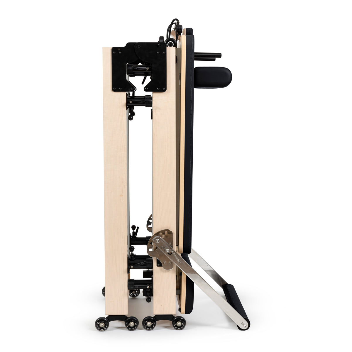 Fold Reformer folded and standing on its wheels, black
