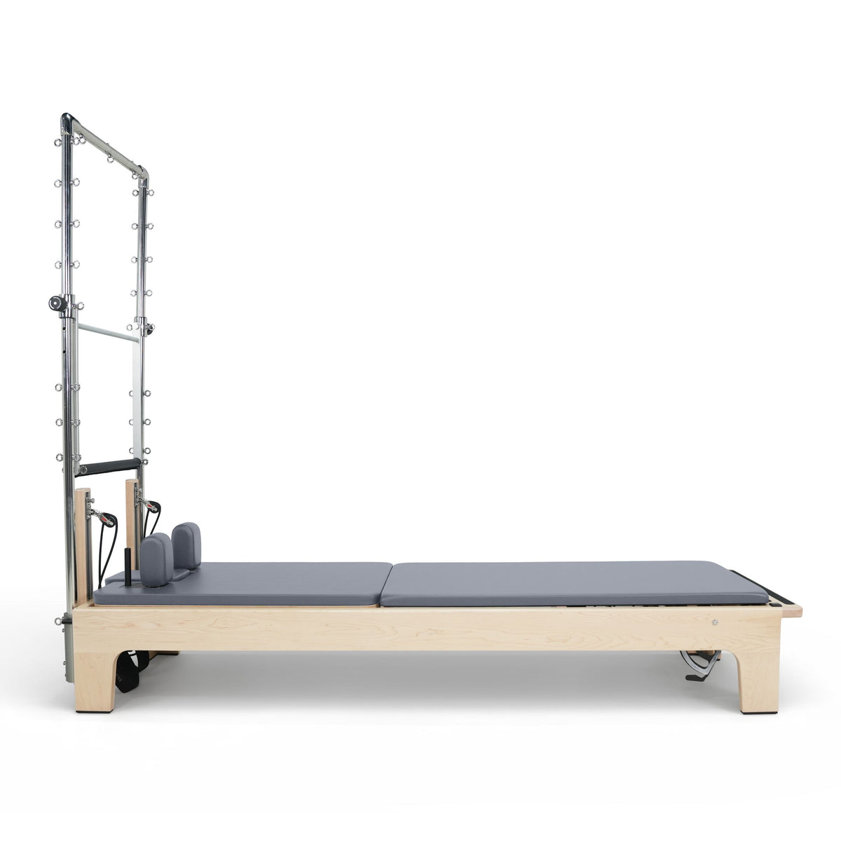Club Reformer with Tower side view, full-length mat conversion, grey