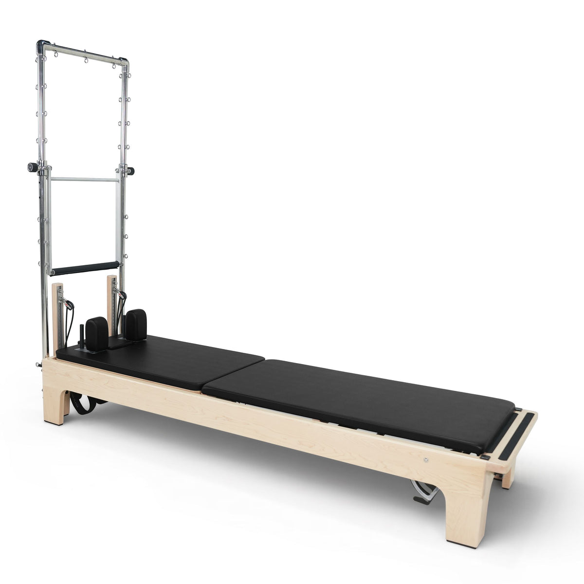 Club Reformer with bare tower frame and mat extended, black