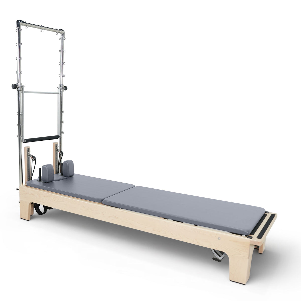 Club Reformer with the bare tower frame showing the eyelet rows, grey