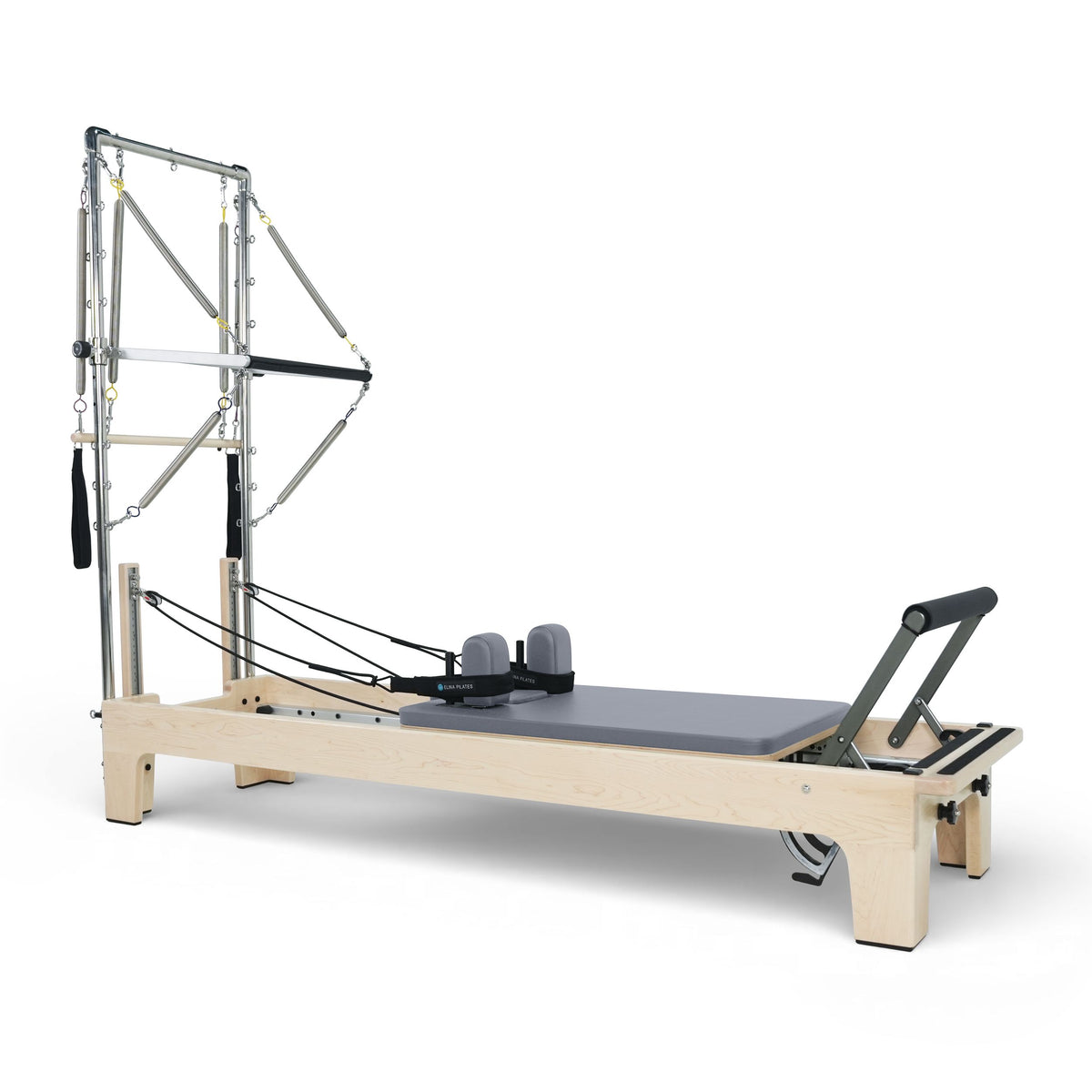 Elina Pilates Club Reformer with Tower fully rigged, grey upholstery, angled studio view