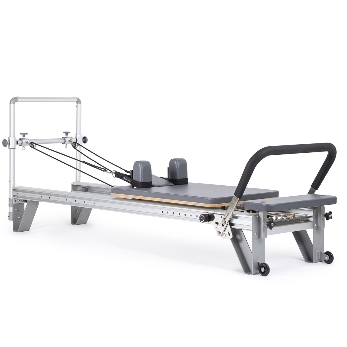 Elina Pilates Mentor Reformer Bundle with grey upholstery and its integrated mini tower, angled view