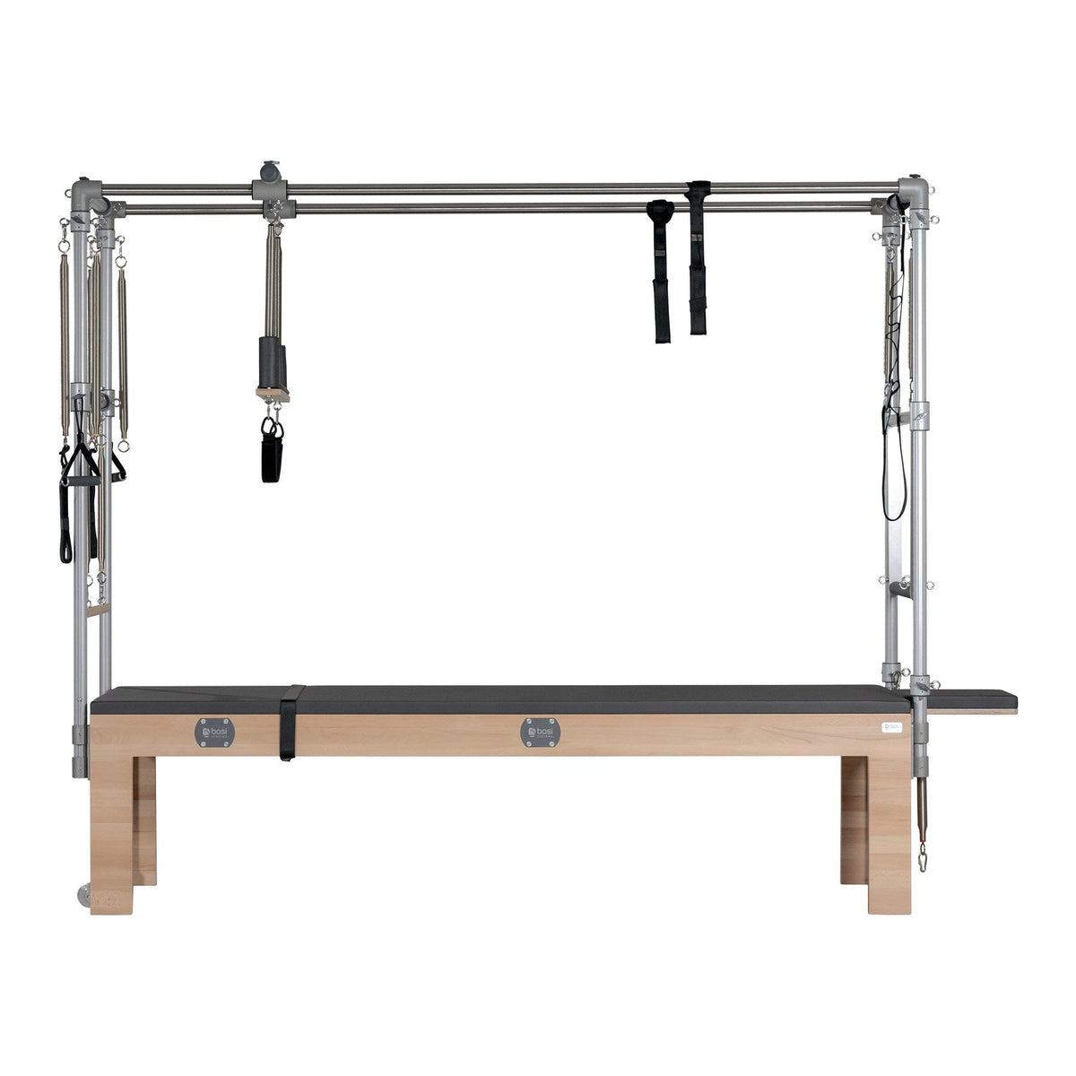 BASI Systems Cadillac Trapeze Table with beech legs, dark padded mat, steel canopy and hanging straps
