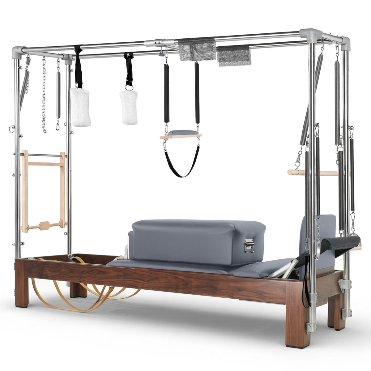 Elina Pilates Dark Wood Cadillac Reformer with a walnut frame and a stainless steel trapeze above the carriage