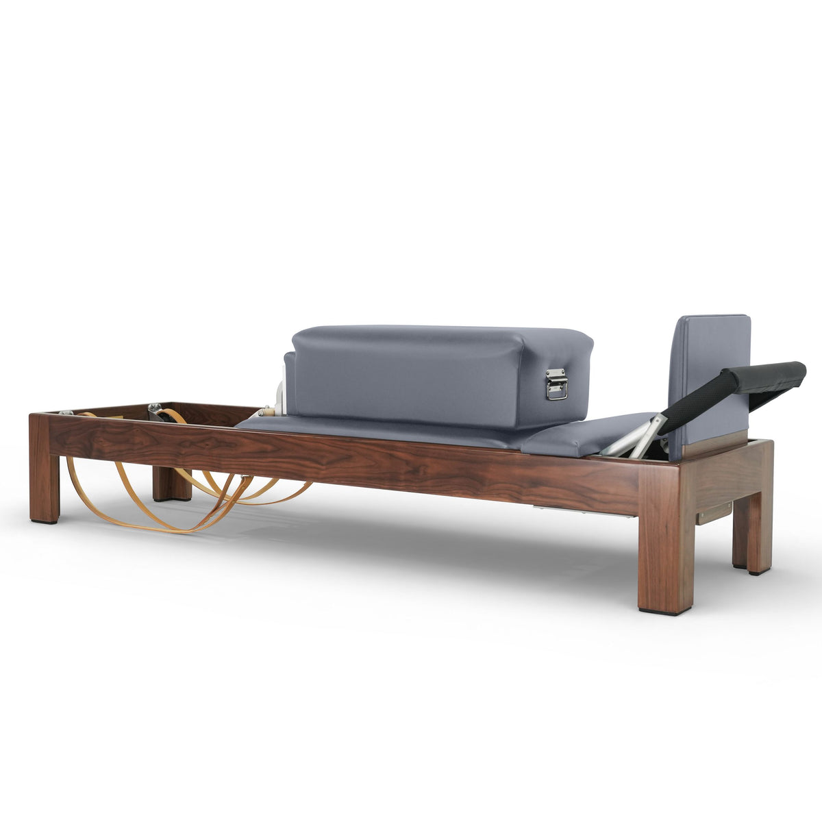 Elina Pilates Classic Dark Wood Reformer with a walnut frame, natural leather straps and wooden handles