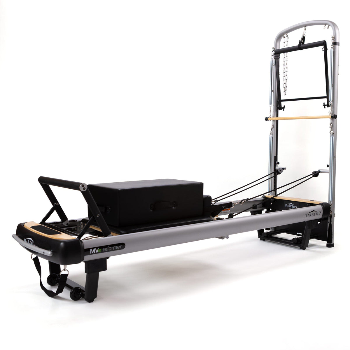 Peak Pilates MVe Reformer and Tower Bundle with aluminium tower, black upholstery and the box on the carriage